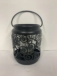 YANKEE CANDLE BLACK SCROLL LANTERN VOTIVE TEA LIGHT HOLDER SLEEVE GLASS METAL - Picture 1 of 8