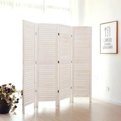 Wood 4 Panel Room Divider Wall Partition Screen, Folding Louvered Design - Image 1 of 4