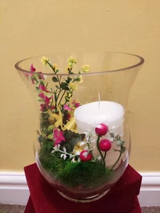 Handmade glass pot with fake flowers and candle for home decoration - Picture 1 of 1