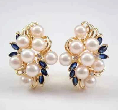 Aretes con racimo de perlas blancas genuinas de corte redondo de 3 quilates enchapados en oro amarillo de 14 quilates Foto 1 de 4