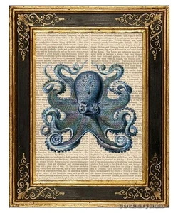 Pulpo azul # 5 Impresión artística en la página del libro vintage Oficina en casa Decoración colgante de pared - Imagen 1 de 3