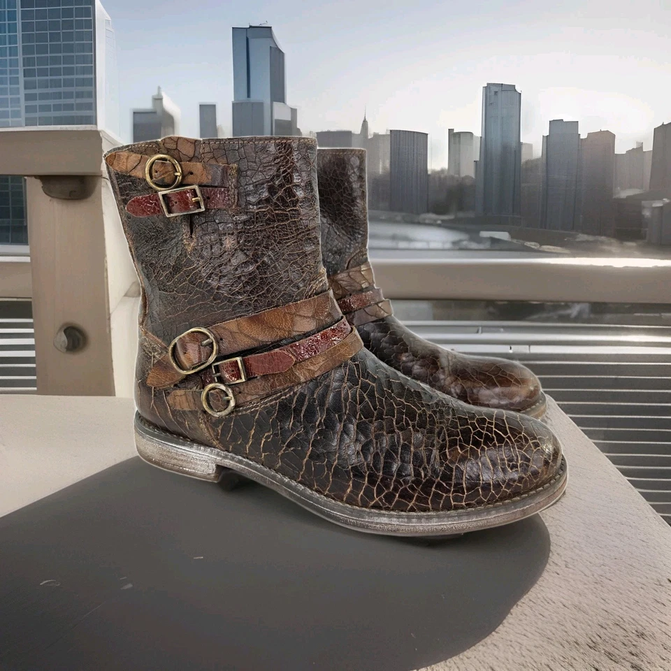 Nicola Barbato 皮革踝靴 US 7.5 棕色压花皮革扣骑手  — 第 1/4 张图片