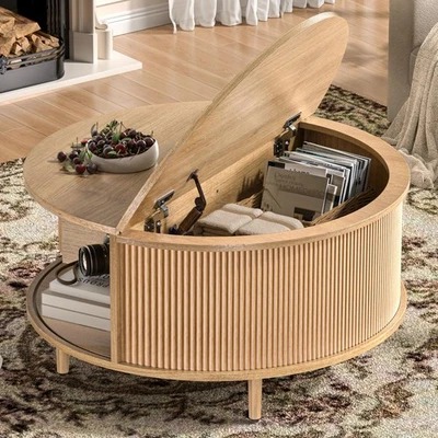 Mesa de Centro Redonda, 31.5" Mesa de Centro Acanalada con Almacenamiento, Mesa de Centro Elevable... Foto 1 de 4