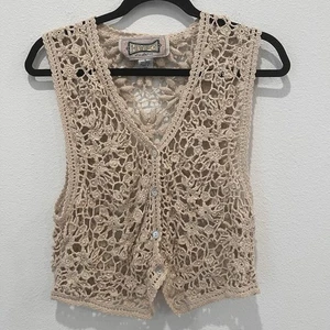 Hype Women’s Crochet Pearled Cream Vest Sz S Vintage Boho Western Rodeo Hippie - Picture 1 of 6