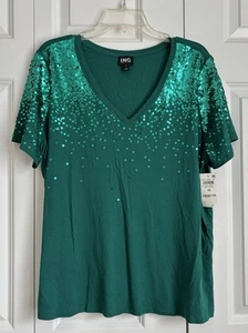 Top donna INC International Concepts verde paillettes manica corta scollo a V pullon - Foto 1 di 6