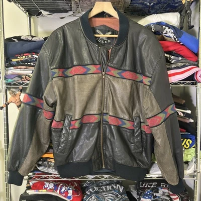Chaqueta de bombardero occidental de cuero Adler vintage con cremallera completa azteca para hombre L Foto 1 de 4