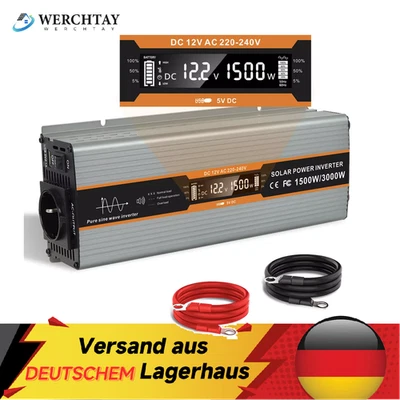 WERCHTAY 1500W 3000W Reiner Sinus Spannungswandler 12V - 230V Inverter Wechselrichter LCD