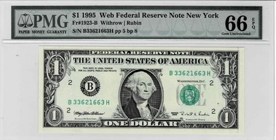 1995 $1 Federal Reserve 'WEB'Note-(New York)- Run 6- 5/8-PMG GEM 66 EPQ - Image 1 of 4
