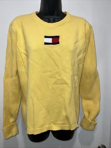 VTG Womens Tommy Hilfiger Flag SZ XL Yellow Long Sleeve 100% Cotton Sweater - Picture 1 of 16