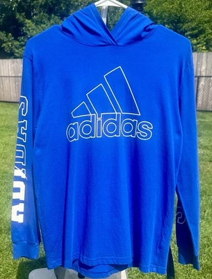 ADIDAS Long Sleeve Hooded T Shirt Youth Boys Large 14/16 Blue Lightweight Logo - Image 1 of 4