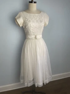 Fluffy 1960s 60s Off White Embroidered Chiffon Dress Vintage Small S Wedding - Picture 1 of 11
