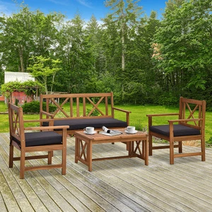 4-Piece Acacia Wood Backyard Conversation Chat Seating Set w/ Cushions Teak/Grey - Picture 1 of 11