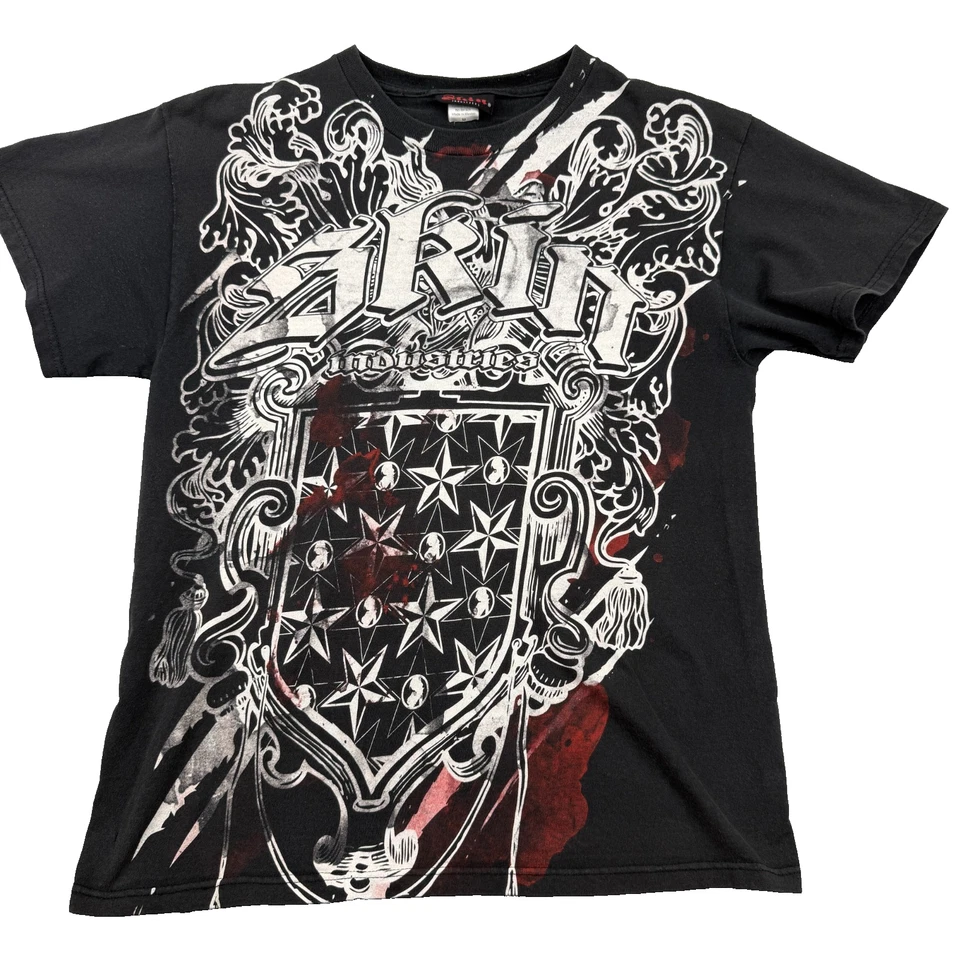 Camiseta De Colección Y2K Skin Industries Mediana Ajustada Como Pequeña Negra Desgastada Manchada Foto 1 de 4