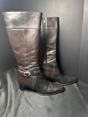 TAOS Runway Black & Brown Horse Saddle Leather High Heel Boots Size 6 - Image 1 of 4