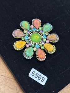 Vintage Multicolor Rhinestone & Enamel Flower Brooch Pin Gold-Tone Metal - Picture 1 of 7