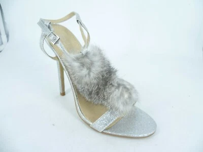 Red Kiss Tia Fluffy Silver Glitter Heeled Sandals UK 4 EU 37 LN51 76 - Image 1 of 4