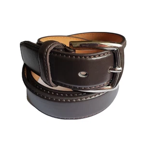 Men's Genuine Leather Brown Dress Belt Plain Casual Silver Buckle Trapezoid End - Picture 1 of 3