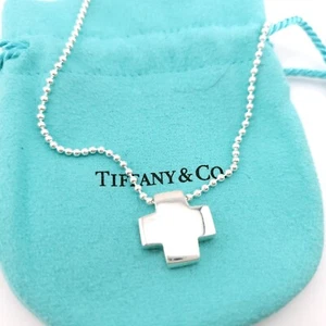 Collar Tiffany & Co. Plata Esterlina Cruz Romana Colgante Cadena Con Cuentas 16 pulgadas - Imagen 1 de 13