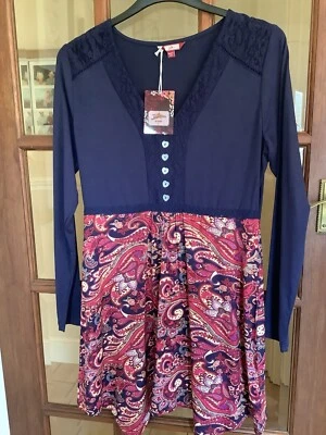 BNWT Joe Browns size 12 Navy blue & Red Paisley dress heart buttons jersey comfy - Image 1 of 4