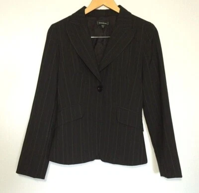 Bebe Womens Jacket Blazer Sz 6 Black Green Pinstripes Button Log Sleeve USA Made Foto 1 de 4