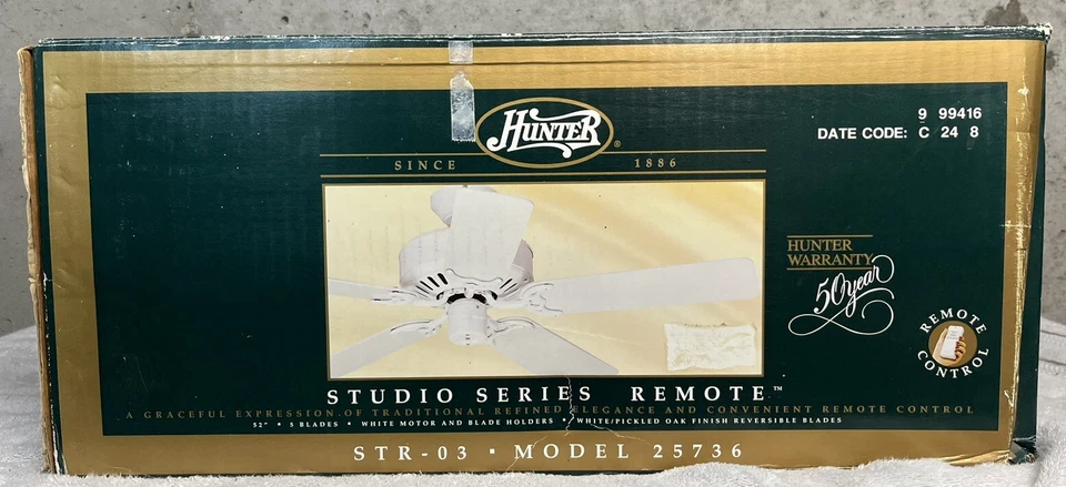 Hunter 52” 5 Blade White/Oak Studio Series Ceiling Fan W/Remote - Model 25736 - Image 1 of 4