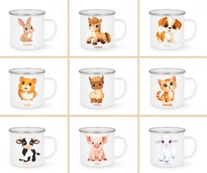 Personalisierte Emaille Tasse Farmtiere mit Namen – Geschenk Kinder Namenstasse - Bild 1 von 19