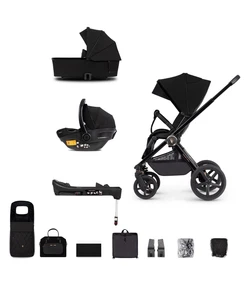Venicci Tinum Upline 3 in 1 ganz schwarz Kinderwagen Autositz Sockeltasche Fußmuff Regenschutz