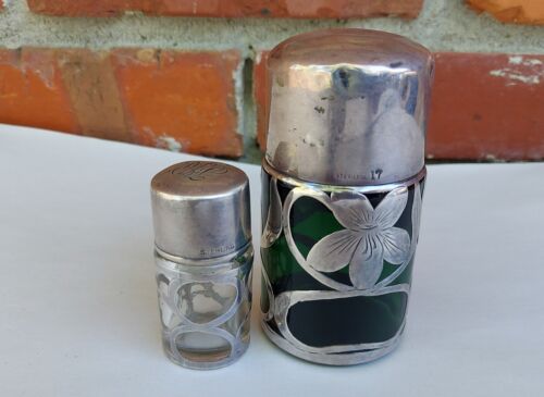 Old Vtg Antique Sterling Silver Overlay Green Glass Pill Box Perfume Bottle Lot