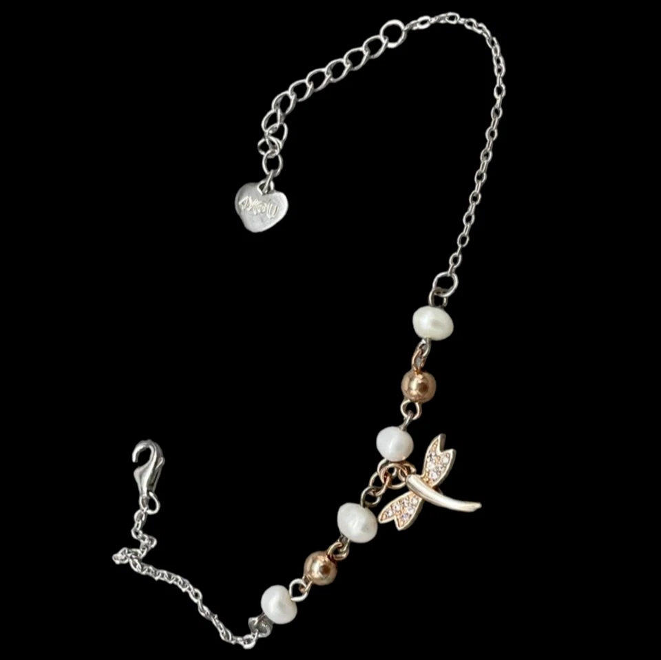 Bracciale femminile argento 925 ramato farfalla perle naturali misura regolabile - Immagine 1 di 4