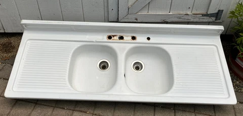 Vintage Cast Iron Porcelain Farmhouse Sink Double Bowl Dual Drainboards 60” Cover