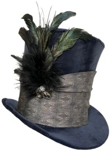 Tall Top Hat Slate Blue Jewel Feathered Gray Steampunk Dapper Wedding Topper - Picture 1 of 6