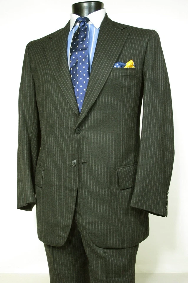 Dunhill Tailors NYC Suit 41 42L Charcoal Gray Pin Stripe Wool Flat Front, Canvas - Image 1 of 4