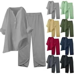 Womens 2 Piece Outfits Wide Leg Blouse Pockets Elastic Pants Sets Casual V Neck - Picture 1 of 48
