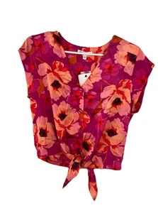 DR2 Women Medium Pink Orange Floral Print Short Sleeve Knot Front Blouse NWT m2 - Picture 1 of 8