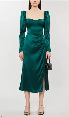 Reformation Dress Womens 6 Green Silk Long Sleeve Square Neck Ruched Midi Formal - Image 1 of 4