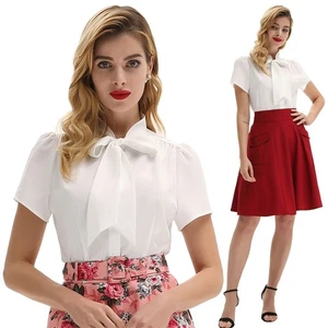 BP Women's Fashionable Solid Color Short Sleeve Shirt with BowKnot Decoration - Picture 1 of 78
