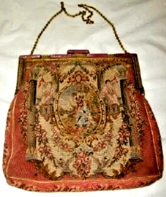 Antique French Micro Petit Point Purse Cherubs Roses 1890s Austrian Crystal Pink - Image 1 of 4