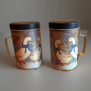Vtg  Salt & Pepper Shakers  Tin Metal Winter Ducks Geese w Blue Bows In Snow - Picture 1 of 4