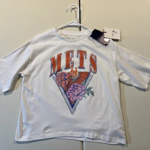 Neu mit Etikett Medium Wear by Erin Andrews MLB New York Mets kurz geschnittenes weißes Damen-T-Shirt - Bild 1 von 8