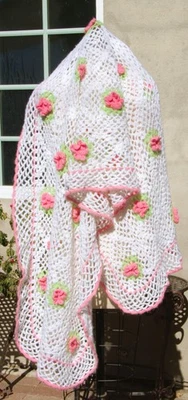 Handmade White & Pink Floral Crochet Shawl Roses Ruffled 64"x 26" inches - Image 1 of 4