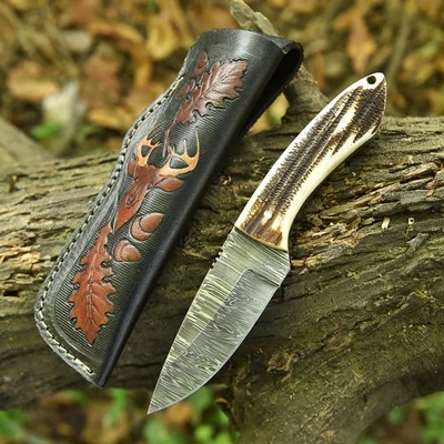 8.6" Damascus Steel Blade Custom Antler Handle Handmade Hunting Knife W Sheath - Image 1 of 4