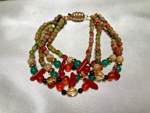 Vintage Semi-Precious Stone Bracelet Jadeite Amber Onyx Unikite Jasper Agate - Picture 1 of 15