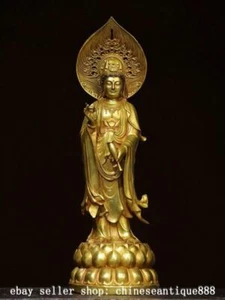 Estatua de Buda de la diosa Kwan-yin Guanyin dorada bronce budismo chino antiguo de 14,5"" - Imagen 1 de 9