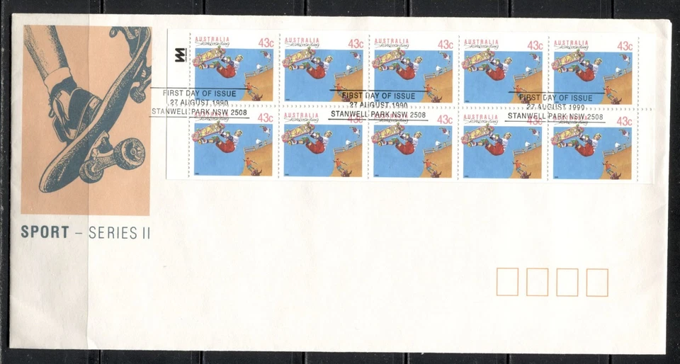 AUSTRALIA 1990, SPORTS: SKATEBOARDING, Scott 1119a BOOKLET PANE OF 10 ON FDC - Image 1 of 1