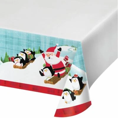 Santa and Penguins Tablecover Plastic 54 x 102 Border Print - Image 1 of 3