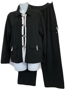Onque Casuals Size S 2 Pc Set Black Contrast White Loop Button Top Pants Stretch - Imagen 1 de 12