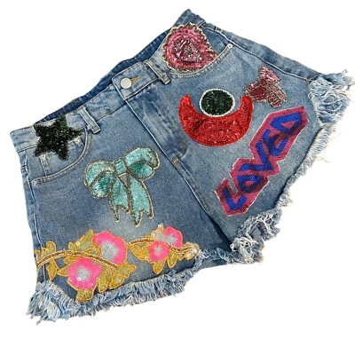 GeGe Denim Sequin Stars Bows Moon Loved Raw Hem Distressed Shorts 28 X 2 - Image 1 of 4