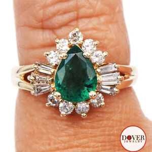 Estate Diamond 1.30ct Emerald 14K Yellow Gold Pear Cut Halo Ring NR