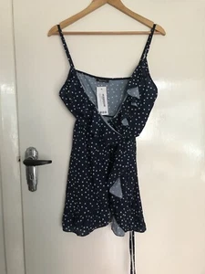 Boohoo Petite Polka Dot Strappy Wrap Dress Blue 12 BNWT - Picture 1 of 3