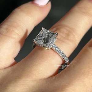 3 CT Princess Cut Moissanite Hidden Halo Accent Engagement Ring 14K White Gold - Picture 1 of 7